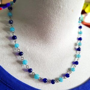 16" Silver Tone Blue Glass Bead Strand Necklace ND Jewelry Handmade Women Style